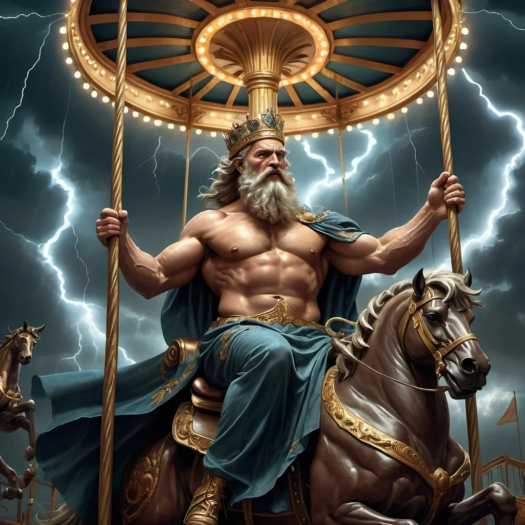 Prompt: (Art Deco style), richly (dark color scheme), depicting Zeus, a bearded man, wearing a crown, holding a pole on a carousel, dramatic (lightning in the background), (fantasy art), (highly detailed digital painting), a masterpiece by Bastien L. Deharme, atmospheric, immersive, captivating details, exquisite textures, ultra-detailed portrait, cinematic depth, electrifying ambiance.