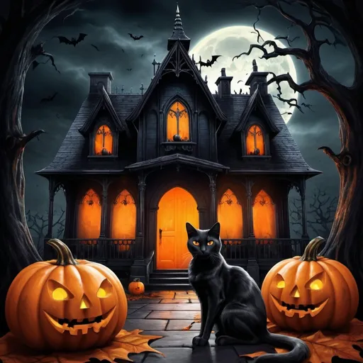 Prompt: (halloween scene), (gothic art), atmospheric, dark, eerie ambiance, illuminated pumpkins, haunted house with a spectral ghost, curious cat sitting in front, mysterious shadows cast, vibrant oranges and deep blacks, detailed textures, (Anne Stokes style), chilling and captivating, perfect for a horror poster, ultra-detailed, high quality, hauntingly beautiful composition.