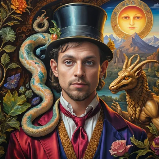 Prompt: (Renaissance portrait masterpiece), a whimsical (@magician) satyr, surrounded by mystique serpent transformation elements, honoring (@Horus) and (@Nuit). Vivid glass art techniques, intricate details, baroque elements, serene Arcadian landscape in the background, rich vibrant colors, warm golden tones, dramatic lighting, ethereal atmosphere that reflects a fusion of mythology and artistry, ultra-detailed HD quality.