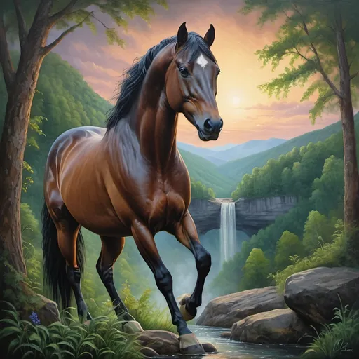 Prompt: (Honoring Nuit), (detailed oil painting), majestic stallion horse, awe-inspiring landscape of Eastern Kentucky, lush forest covered mountains, iconic Natural Bridge, vibrant greens of heavy trees and dense vegetation, ethereal twilight sky, serene atmosphere, high depth cinematic beauty, ultra-detailed, rich color tones, captures the essence of nature and glory of the stallion.