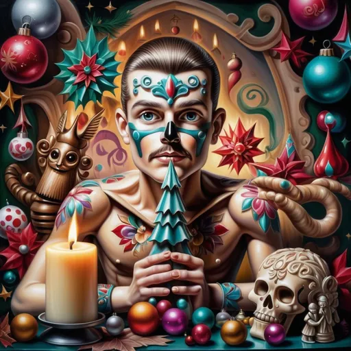 Prompt: (nutcracker), (candle and candle holder), surrounded by (Christmas decorations), (psychedelic art style), (vibrant color scheme), (extremely detailed), (oil painting), (airbrush painting), inspired by (Anne Stokes), (pop surrealism), dynamic patterns and textures, warm and festive ambiance, high-quality artistry, rich hues melding into each other, whimsical elements drawing viewers in, enchanting holiday spirit, magical atmosphere.