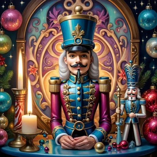 Prompt: (psychedelic nutcracker) with (vibrant color scheme), intricate candle and candle holder in front, surrounded by (Christmas decorations), inspired by (Anne Stokes), (pop surrealism) style, extremely detailed (oil painting), showcasing an enchanting festive atmosphere, swirling colors, and whimsical elements, soft glowing light effects creating a joyful and magical ambiance, (highly artistic) airbrush techniques, (ultra-detailed) vivid imagery.