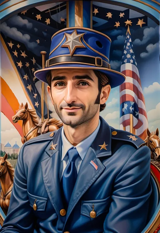 Prompt: (A Seven Wonders Art Glass Studio), oil renaissance painting, (vibrant colors), a man in military uniform, proudly riding on a Carousel of Heroes, surrounded by gracefully carved horses, soft, glowing ambiance, honoring veterans and those serving in the U.S. Military, warm golden lighting, intricate details in the uniform, carousel with richly adorned decorations, respectful atmosphere, high quality, ultra-detailed.