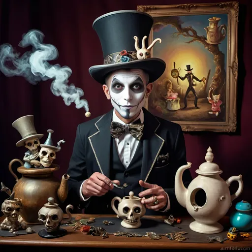 Prompt: (vibrant psychedelic still life), portrait of a magician jack-in-the-box man, surrounded by whimsical teapots and enchanting magical items, coming to life, playful ambiance, lively colors, an open book in front of him, surrealistic elements, dreamlike atmosphere, richly detailed background, (spectacular color gradients), ultra-detailed, eye-catching composition, high-quality artwork.