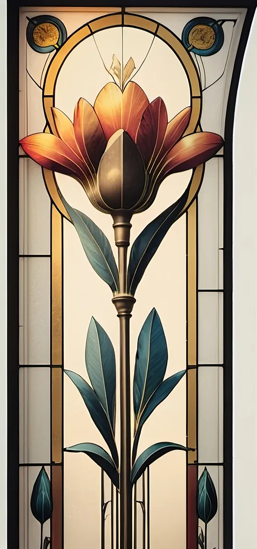 Prompt: A Seven Wonders Art Glass Studio Art Deco designed stained glass window.  Honoring Nuit.  Art Deco designed stained glass pattern of floral honoring Aeon of Horus.