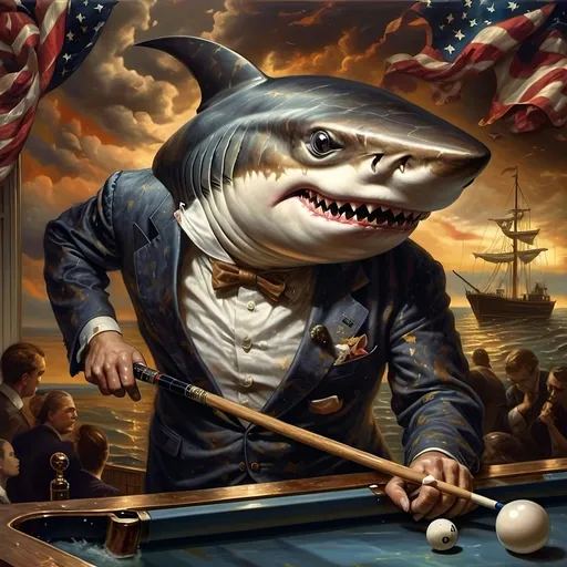 Prompt: (shark in a suit playing pool), (pool cue and ball in front), F. Scott Hess style, pop surrealism, classical painting, (younger and bolder color tones), (highly detailed), dreamy ambiance, intricate textures and reflections, juxtaposition of elegance and playfulness, fine art masterpiece, inspired by 7 Wonders Art Glass Studio, honoring Nuit, ultra-detailed, 4K.