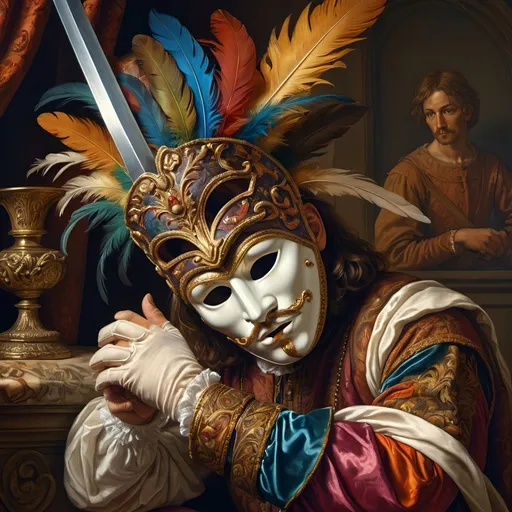 Prompt: (renaissance still-life painting), (vibrant colors), a man wearing a decorative mask, holding a feather in one hand, gripping a sword in the other, rich textures, classic Renaissance elements, intricate details in fabric and background, warm, dramatic lighting, 4K, ultra-detailed composition, evoking a sense of intrigue and historical depth.