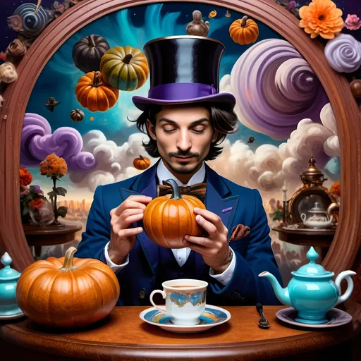 Prompt: (art deco style), vibrant color scheme, man in a top hat holding a pumpkin, still life portrait honoring Nuit, (magician with hat), strong sense of magic, all Hallows' Eve theme, detailed frame, enchanting sky background, ethereal clouds, inspired by Alejandro Burdisio, gothic art influences, (highly detailed digital painting), character portrait, (4K resolution), breathtaking ambiance, whimsical yet eerie vibe.