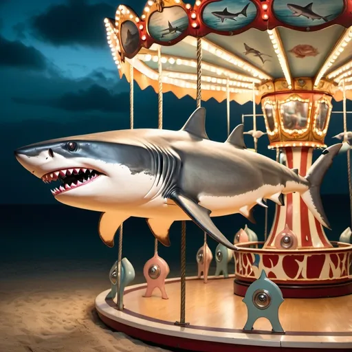 Prompt: a shark carousel with a shark on it's back and a carousel in the background with lights on, Dirk Crabeth, pop surrealism, surreal photography, a surrealist sculpture