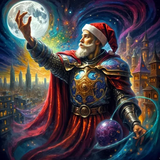 Prompt: (Edgy) oil painting of a knight dressed as Santa Claus (in honor of Nuit), dynamic vibrant colors, dark city background illuminated by a glowing light, flowing red cape, whimsical and surrealistic vibe, imaginative playfulness, influences of Ernest William Christmas, epic fantasy character art, vibrant psychedelic style, ultra-detailed texture, concept art composition, high-quality masterpiece, artistic themes of juxtaposition, drama, and enchantment.