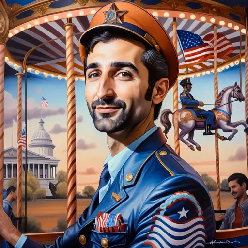 Prompt: (A masterpiece oil painting) of a man in (military uniform), riding the (Carousel of Heroes), vibrant colors highlighting the ornate design of the carousel. The scene is filled with a (nostalgic atmosphere), paying homage to (veterans and active military). Whispering elements of (honor) and (courage) are present, with artistic flourishes emphasizing the essence of (Nuit). The overall feel is (dramatic) and uplifting, portraying both valor and beauty in high definition.