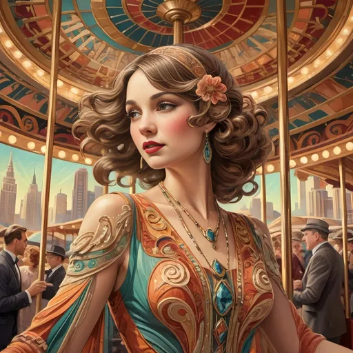 Prompt: (Artwork) Carousel of Humanity, (Art Deco style), vibrant color scheme, intricate designs reminiscent of the 1920s, elegance embodied, swirling shapes and radiant hues, infusing warmth and joy, strong emotional resonance, depicting human compassion, intricate details that evoke a sense of kindness and empathy, (highly detailed), mesmerizing background featuring stylized architectural elements, dynamic composition.