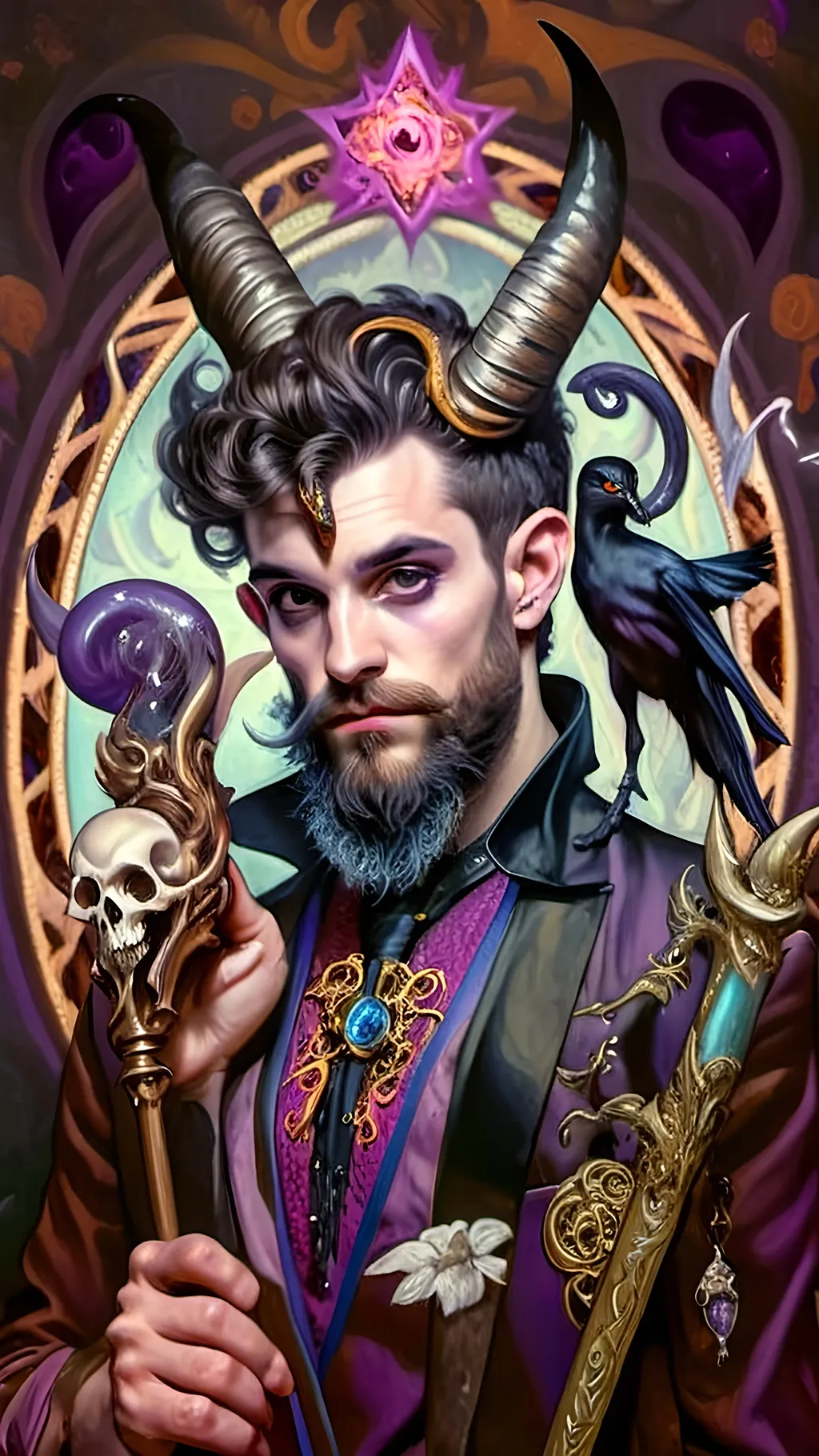 Prompt: a painting of a man magician satyr with horns and a skull in his hand and a crow on his shoulder, with a cane with a scull as orb