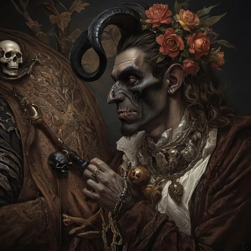 Prompt: (Renaissance still life) (man magician satyr), (dark color scheme), (elegant pose), intricately detailed horns, holding a cane topped with a (skull orb), a menacing (skull orc) at his side, a (crow) gracefully perched on his shoulder, rich textures, captivating shadows, high contrast highlights, evoking a sense of mystical allure, enhanced with (ultra-detailed) features, atmospheric depth and somber elegance.