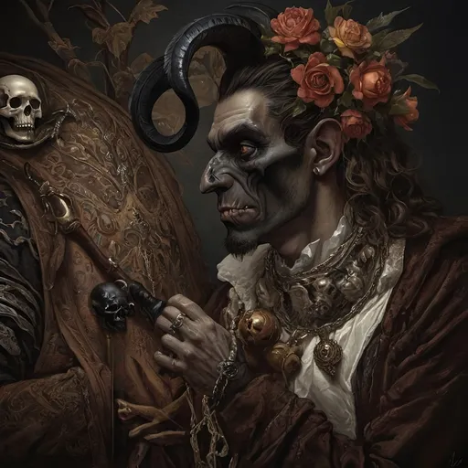 Prompt: (Renaissance still life) (man magician satyr), (dark color scheme), (elegant pose), intricately detailed horns, holding a cane topped with a (skull orb), a menacing (skull orc) at his side, a (crow) gracefully perched on his shoulder, rich textures, captivating shadows, high contrast highlights, evoking a sense of mystical allure, enhanced with (ultra-detailed) features, atmospheric depth and somber elegance.