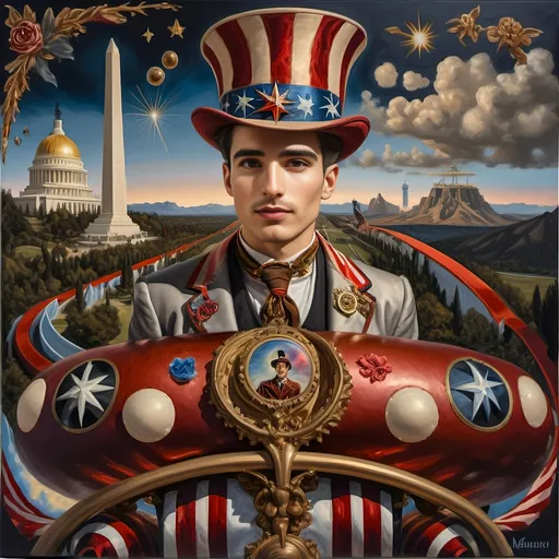 Prompt: (Acrylic painting of a magician man), wearing a (patriotic top hat), joyfully riding a (whimsical rollercoaster) in Liberty Park, with (HD details), vibrant colors, and enchanting motifs. The scene features the (Washington Monument) in the background, as well as the phrase (accurately spelled text "Yankee Doodle"). An aura of celebration and magic surrounds the image, honoring Nuit and the Aeon of Horus.