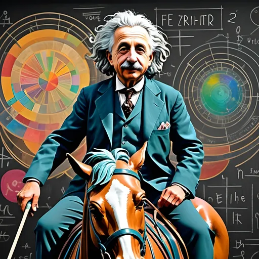 Prompt: (art movement: Art Deco), vibrant color scheme, (Carousel of Science), highly detailed digital painting, statue-like Albert Einstein, gracefully posed on a (majestic horse), a mysterious (chalkboard) filled with equations and sketches in the background, (ultrafine details), playful yet thoughtful atmosphere, intricate geometric patterns, rich textures, 4K quality, striking composition, dynamic blending of colors, creative expression through scientific wonder.