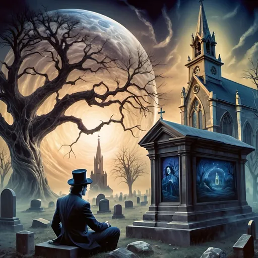 Prompt: A Seven Wonders Art Glass masterpiece painting honoring Nuit.  a man sitting on a grave in front of a graveyard with a tree and a church in the background, Dirk Crabeth, gothic art, western comic book art, a matte painting