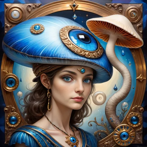 Prompt: (7 Wonders Art Glass Studio masterpiece), oil painting, (honoring Nuit), magical mushroom, (vibrant blue shell), (striking blue eye), Eye of Horus, rich textures, dreamy atmosphere, whimsical background, stars and cosmic elements, (ethereal lighting), enchanting details, high-quality, ultra-detailed composition, surreal and imaginative style.