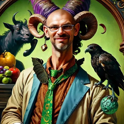 Prompt: Saturated (Renaissance style art) still life portrait, a (vibrant) satyr man magician with pronounced horns and a distinctive green tie, richly detailed features, and magical accessories. Surrounded by alluring objects that hint at mystery, a lush and enchanting background that enhances the character's qualities, showcasing enticing color depth, exceptional lighting, and HD quality.