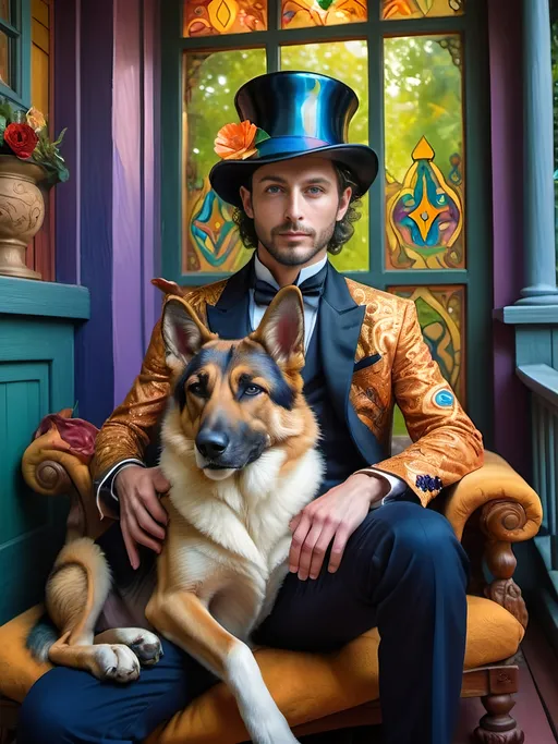 Prompt: A Seven Wonders Art Glass Studio Magician in top hat and tux sitting on magical front porch with his German Shepherd’s head in his lap.  Honoring Nuit and the Trinity.  Modern renaissance with a vibrant psychedelic flair.