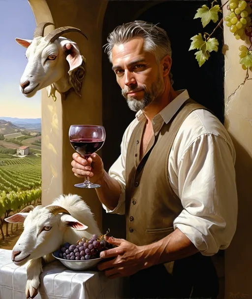 Prompt: a painting of a man holding grapes and a goat with a wine glass in his hand and a painting of a vineyard behind him, Donato Giancola, figurative art, highly detailed digital painting, a photorealistic painting