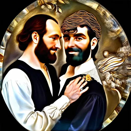 Prompt: A Seven Wonders Art Glass Studio commissioned portrait, (oil on canvas), depicting (two male husbands) celebrating their wedding anniversary, honoring (Nuit). Inspired by the Renaissance Era, featuring intricate details on their (bearded faces) and (chest hair). Set during the (Fall Equinox of 1612) in the ethereal (Land of Pan’s Arcadia), characterized by an (esoteric, mysterious scenery), warm golden hues, and rich green tones creating an enchanting, captivating atmosphere. (Ultra-detailed, masterpiece).