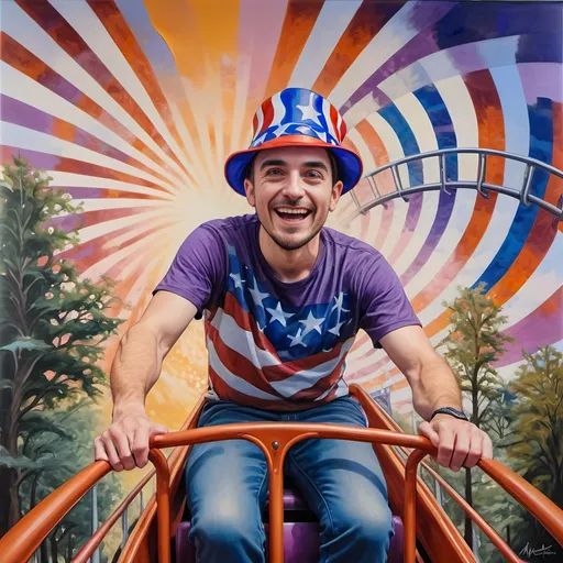 Prompt: A Seven Wonders Art Glass Studio masterpiece painting of a man in a patriotic hat riding Freedom rollercoaster in D. C.’s new amusement park named Freedom Park.  Honoring Nuit.