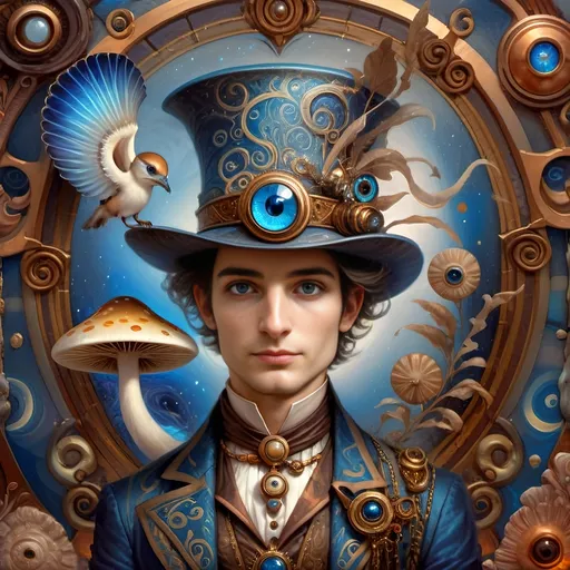 Prompt: (7 Wonders Art Glass Studio masterpiece), oil painting, (honoring Nuit), magical mushroom, (vibrant blue shell), (striking blue eye), Eye of Horus, rich textures, dreamy atmosphere, whimsical background, stars and cosmic elements, (ethereal lighting), enchanting details, high-quality, ultra-detailed composition, surreal and imaginative style.