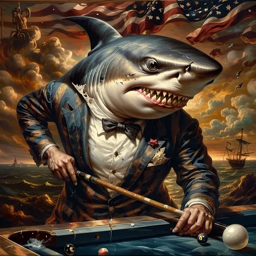 Prompt: (shark in a suit playing pool), (pool cue and ball in front), F. Scott Hess style, pop surrealism, classical painting, (younger and bolder color tones), (highly detailed), dreamy ambiance, intricate textures and reflections, juxtaposition of elegance and playfulness, fine art masterpiece, inspired by 7 Wonders Art Glass Studio, honoring Nuit, ultra-detailed, 4K.