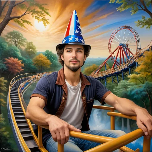 Prompt: A masterpiece painting by A Seven Wonders Art Glass Studio, (vibrant colors), depicting a man in a (patriotic hat) riding the (Freedom rollercoaster) in D.C.’s (new amusement park) named Freedom Park. The background features (dynamic amusement park rides), (lush greenery), and the spirit of (freedom) runs throughout. A symbolic homage to Nuit, with a (breathtaking sky) above, featuring (warm light) detailing and a victorious atmosphere, encapsulated in (ultra-detailed) art.