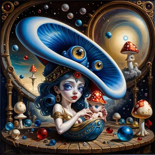 Prompt: (7 Wonders Art Glass Studio masterpiece), oil painting, (honoring Nuit), magical mushroom, blue shell, blue eye (Eye of Horus), vibrant colors, dreamy atmosphere, intricate details, mystical background with swirling galaxies, ethereal glow illuminating the mushroom, (ultra-detailed), high quality, enchanting and enchanting ambiance.