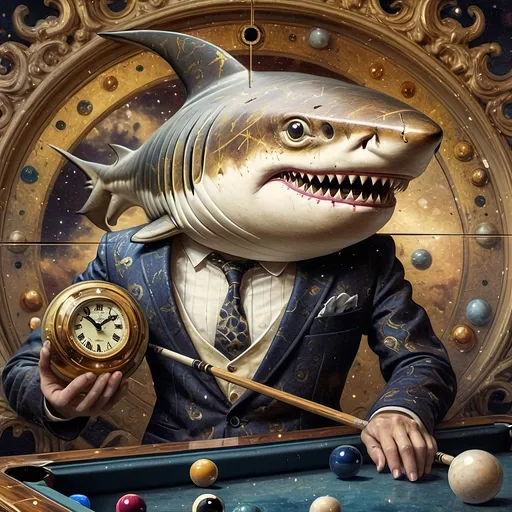 Prompt: (shark in a suit) playing pool, pool cue and ball in front, (F. Scott Hess style), (pop surrealism), enriched classical painting techniques, fine art masterpiece, luminous glass textures, intricate details, vibrant color palette, dynamic composition, warm and inviting ambiance, evoking whimsy and creativity, honoring Nuit, high artistic quality, 4K resolution.