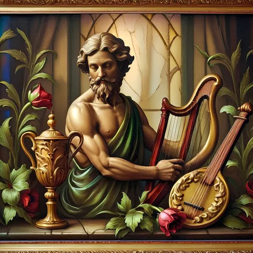 Prompt: (Seven Wonders Art Glass Studio), oil painting, (honoring Nuit), a man with a beard, holding a harp, glass of wine, golden cup beside him, (Ditlev Blunck), neoclassicism, classical painting, Flemish Baroque style, high detail, rich colors, warm glowing light, serene atmosphere, capturing tradition and reverence, elegant background with ethereal elements, ultra-detailed composition, masterful artistry.