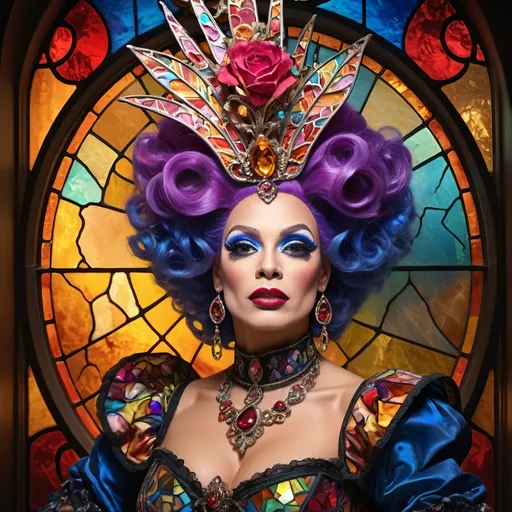 Prompt: (still life portrait), (stained glass artisan drag queen), (baroque style), highly detailed, brilliant colors, psychedelic patterns, intricate glass texture, warm lighting, decorative elements, ornate background, opulent ambiance, luxurious vibe, vivid contrast, ethereal atmosphere, artful composition, 4K quality, ultra-detailed, radiant reflections, artistic masterpiece.