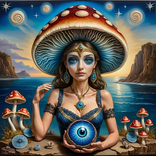 Prompt: (7 Wonders Art Glass Studio masterpiece), oil painting, (honoring Nuit), magical mushroom, (vibrant blue shell), (striking blue eye), Eye of Horus, rich textures, dreamy atmosphere, whimsical background, stars and cosmic elements, (ethereal lighting), enchanting details, high-quality, ultra-detailed composition, surreal and imaginative style.