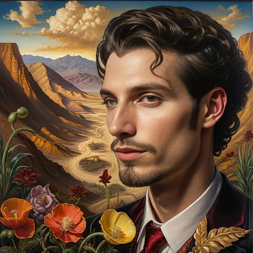 Prompt: A Seven Wonders Art Glass Studio portrait oil painting of a man with a beard in middle of Mojave Desert peak Poppy bloom season. Honoring Nuit