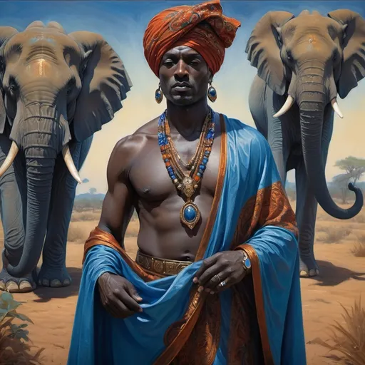 Prompt: (emphasizing a fine art painting), (dark fantasy art), a man in a turban, wearing a flowing blue cape, majestic elephant in the background, intricate details, vibrant colors, rich textures, heavy brush strokes, David Giancola style, (surreal atmosphere), infused with afrofuturism elements, highly sophisticated composition, cinematic lighting, evocative imagery, ultra-detailed, masterpiece quality.