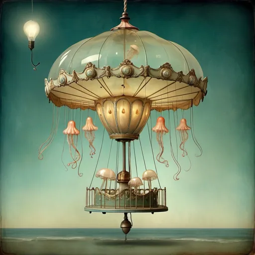 Prompt: a carousel with a jellyfish on it's side and a light bulb hanging from the top of it, Catrin Welz-Stein, magical realism, whimsical, a surrealist sculpture