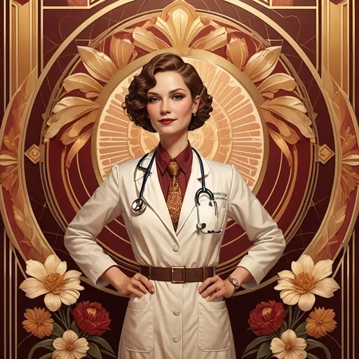 Prompt: Art Deco-style portrait, (transgender doctor), warm color scheme, richly detailed, elegant lines and geometric shapes, vintage aesthetic, symbolic motifs, showcasing the contributions to society, vibrant golds and deep reds, intricate background with floral elements, (highly stylized), soft lighting for a nostalgic atmosphere, celebrating identity and achievements, 4K, ultra-detailed.