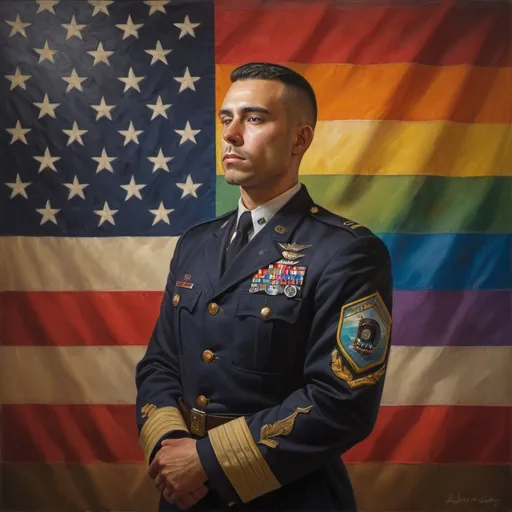 Prompt: (painting of a man in uniform), (full body portrait), Adrian Zingg, (American realism style), (character portrait), vibrant and dynamic colors, dramatic lighting, strong emotional atmosphere, detailed textures of the uniform, background featuring a flag alongside a rainbow flag, emphasizing unity and pride, ultra-detailed, evocative representation of identity and strength.