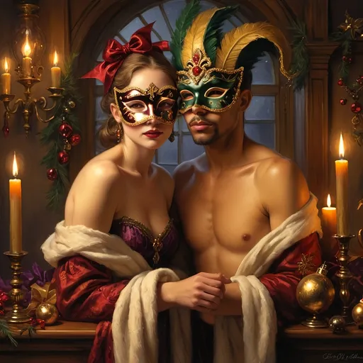 Prompt: (Marci Gras Christmas), (masks), (Ernest William Christmas), dramatic lighting, flickering candles casting a warm glow, rich textures reminiscent of the Renaissance, deep, moody shadows, ultra-detailed, high-quality brushwork, evocative use of chiaroscuro, intricate details that capture festive emotions, masterful mixing of vibrant and muted tones, visual narrative celebrating the holiday spirit in exquisite fine art style.