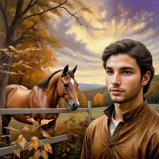 Prompt: (Honoring Nuit), highly detailed oil painting, thoroughbred horse, elegant posture, lush Kentucky farm, evening dusk setting, warm and vibrant hues, soft golden light reflecting off the horse’s coat, scenic rolling hills in the background, tranquil ambiance, serene atmosphere, ultra-detailed, masterpiece quality, evocative emotional tone, captivating and luminous sky blending soft pinks and deep purples, harmonious nature scene.