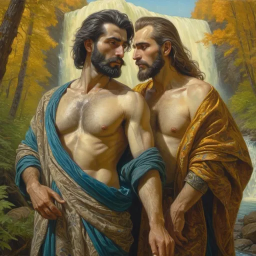 Prompt: a painting of two men in a forest with a waterfall in the background and a man with a beard, Donato Giancola, qajar art, classical painting, a painting