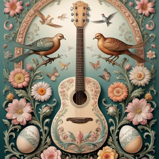 Prompt: (artstyle-renaissance) poster design, (pastel color scheme), centerpiece guitar, surrounded by decorative elements, exquisite eggs, (delicate birds), vibrant flowers, inspired by Ernst Haeckel, rich folk art details, (elaborate) design touches, influences of Flemish Baroque, (elegant composition), soft lighting, (ethereal vibe), ultra-detailed, high quality