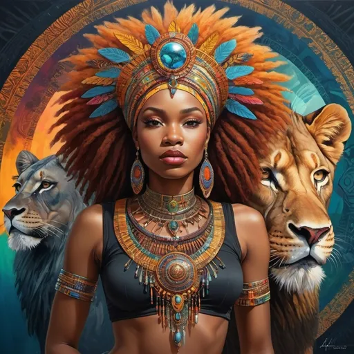 Prompt: (Chinwe Chukwuogo-Roy inspired), highly detailed digital painting, afrofuturism elements, a woman wearing an ornate headpiece, a majestic lion juxtaposed with her face, vibrant colors blending harmoniously, intricate patterns in the background, a detailed map of Africa framed behind, ethereal ambiance, captivating and symbolic, ultra-detailed, fine art masterpiece, evocative and sophisticated atmosphere.