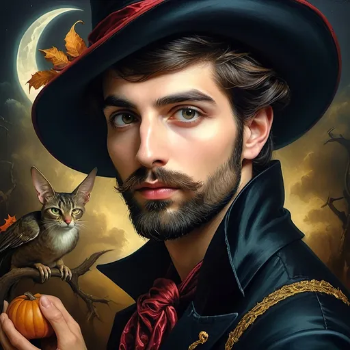 Prompt: (honoring Nuit), captivating handsome man magician with an elegant beard, wearing a pointed witch hat, (renaissance baroque painting style), facial features highlighted in detail, dark mystical background that enhances the allure, rich deep colors creating dramatic contrast, elements of Halloween celebration subtly interwoven, inviting an atmosphere of enchantment and mystery, ultra-detailed, a captivating masterpiece.