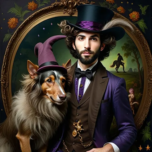 Prompt: (honoring Nuit), moon and stars) captivating handsome man magician, pointed witch hat, facial features highlighted, elegant beard, (renaissance baroque painting style), dark mystical background, rich deep colors with dramatic contrast, elements of Halloween celebration in still life arrangement, enigmatic ambiance, intricate shadows and light, (highly detailed), evoking intrigue and enchantment.