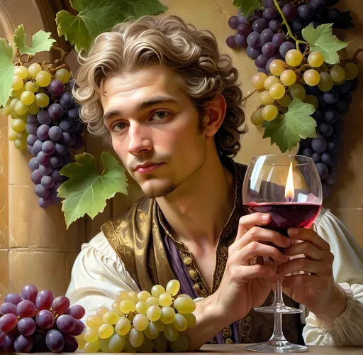 Prompt: (a highly detailed digital rendering), Bacchus as a man, holding a glass of wine and a candle, surrounded by lush grapes, (Renaissance style), soft pastel color scheme, elegant and intricate background, inspired by the works of Donato Giancola, (baroque ambiance), vibrant highlights and shadows, beautifully capturing a festive and joyous atmosphere, ultra-detailed, captivating composition.