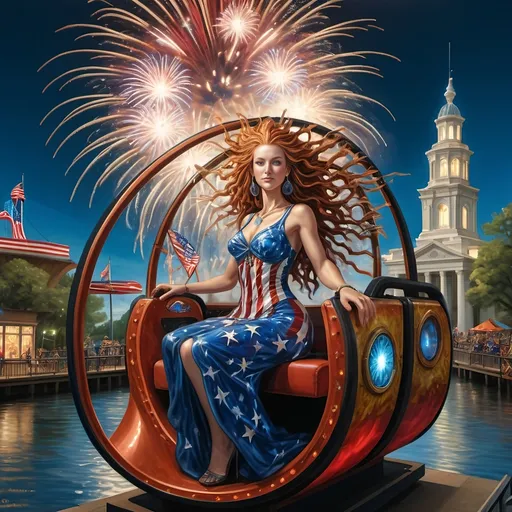 Prompt: (7 Wonders Art Glass Studio), a person in (patriotic dress), riding a vibrant rollercoaster at Liberty Park, fireworks bursting in the dark sky, U.S. flag-themed floats in the background, the illuminated Capital Wheel on the Wharf, celebrates the essence of freedom, (cultural homage to goddess Nuit), energetic ambiance, verdant park surroundings, (4K) resolution, ultra-detailed composition, festive and inspiring atmosphere.